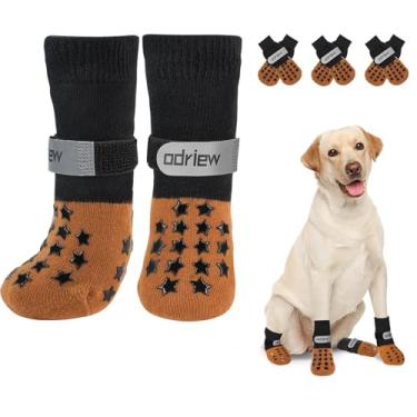 Imagem de ODRIEW Peças de Meias para Cães para Evitar Lamber As Patas, Meias Antiderrapantes Dupla Face para Cães para Pisos de Madeira, Protetor de Pata Antiderrapante com Tiras Elásticas Reflexivas para Cães