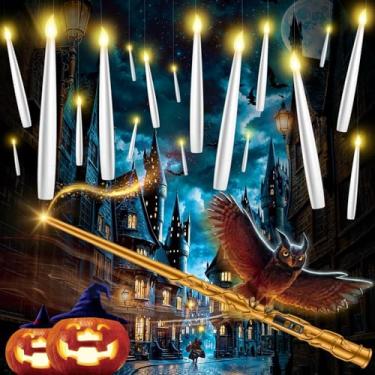 Imagem de Velas flutuantes com varinha – 18 peças de decorações de Halloween, velas mágicas sem chama, cintilantes, luz quente, operadas por pilha, LED, para janela de Natal, quarto, festa de aniversário