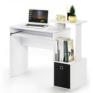 Imagem de Furinno Mesa ECON, mesa de jogos com bandeja de teclado, mesa de computador, mesa de escritório com prateleiras laterais e caixa de armazenamento para escritório em casa, branco liso