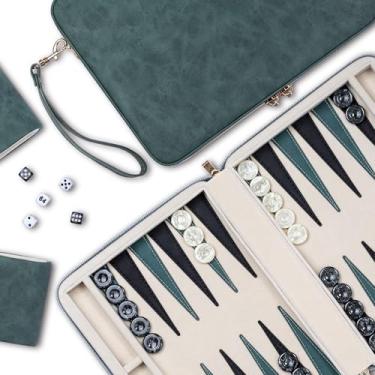 Imagem de Lingle 9.4" Backgammon Sets for Adults, Classic Board Game with Folding Leather Backgammon Case, Portable Travel Backgammon Game Set (Green)