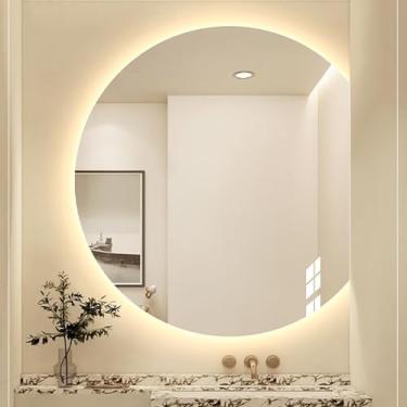 Imagem de Espelho LED espelho de casa de banho anti-embaciamento espelho de maquilhagem grande regulável de 3 cores inteligente espelho de toucador montado na parede de meia lua de 80 * 70 cm espelho de