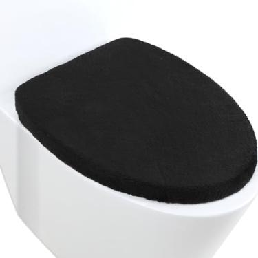 Imagem de Tweruna Tampa de vaso sanitário de microfibra, capa de tampa de assento de vaso sanitário de veludo macio, capa de vaso sanitário preta ajustável para a maioria dos tamanhos de tampas de vaso