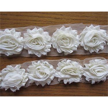 Imagem de 2,8 metros Boutique Shabby Chic Tecido 3D Chiffon Rosa Flor Renda Borda Fita 6 cm de largura Estilo Vintage Aparador de Borda Tecido Bordado Aplique Costura Artesanato Casamento Vestido de Noiva Roupas (Creme)