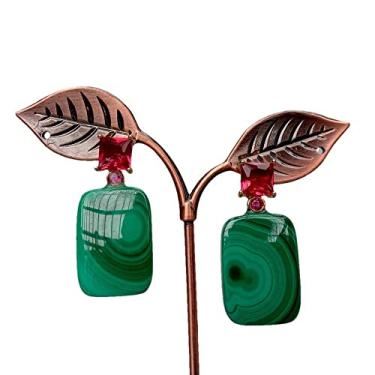 Imagem de Brincos retangulares banhados a ouro malaquita vermelha 18 x 27 mm
