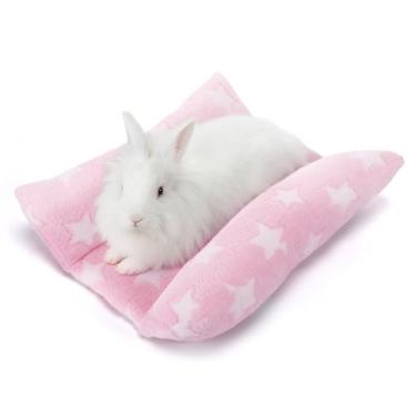 Imagem de Cama de coelho macia - cama de coelho de 39,9 cm x 35,5 cm, tapete de pelúcia quente para porquinho-da-índia, furão, animal pequeno, estrelas rosa