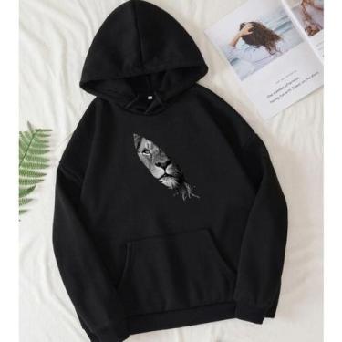 Imagem de Blusa Moletom Leão Pena Algodão Masculino e Feminino Canguru Flanelado