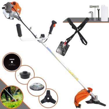 Imagem de Roçadeira Podador de Grama Vulcan VR430-P À Gasolina 2T 43cc 1,7HP Completa Com Carretel de Nylon + Faca 3 Pontas + Faca 80 Dentes + Escova de Aço