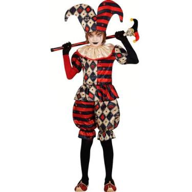Imagem de Fantasia Infantil Halloween pra Menino Roupa Palhaço Arlequin de Luxo 