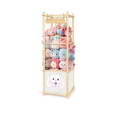 Imagem de JoyPcsTable Zoológico de armazenamento de animais de pelúcia com gaveta de tecido removível e rodas de bloqueio, organizador de brinquedos de madeira 2 em 1 para economizar espaço, suporte de