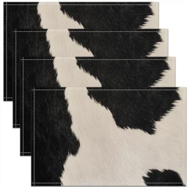 Imagem de jejeloiu Jogo americano de pele de vaca conjunto de 4 mesas de jantar crianças couro de vaca interior ao ar livre cozinha jantar decoração tapetes de mesa casa de fazenda tapetes de mesa cozinha animais selvagens natural preto e branco jogo americano