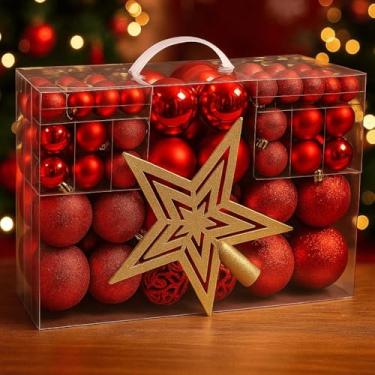 Imagem de Kit 100 Enfeites de Natal Bolas Vermelhas e Estrela Dourada para Árvore e Decoração Natalina
