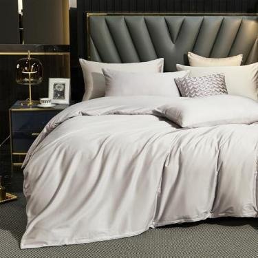 Imagem de MooMee Conjunto de capa de edredom Queen, 100% algodão extra longo 600 fios cetim sedoso macio respirável durável conjunto de cama de qualidade de hotel de luxo, 3 peças (cinza prateado, Queen 228 x