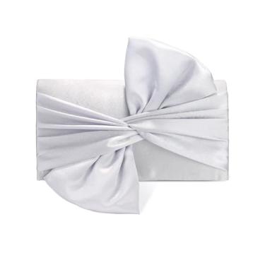 Imagem de Nefokfdus Bolsa de cetim para noite com aba de laço para mulheres, elegante bolsa de mão para ocasiões formais, festas, formaturas, casamentos, Prata