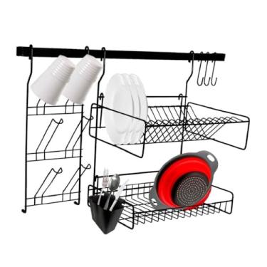 Imagem de Escorredor de Louça Suspenso Porta Talher Organizador Pia Porta Copos Prato Cozinha Barra Modular(Preto - 14 Pratos)