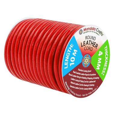 Imagem de Mandala Crafts Cordão redondo de couro legítimo, corda de couro natural para fabricação de joias, trançado kumihimo, cadarços (4 mm, vermelho)