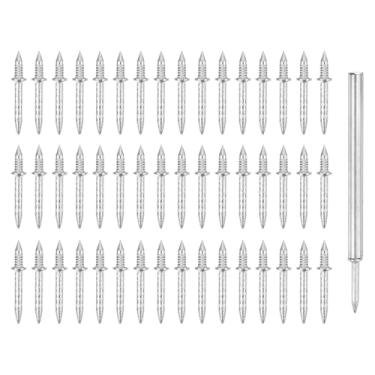 Imagem de 50 peças de fio de rodapé de cabeça dupla sem costura com 1 ferramenta de manga específica para pregos, linha de rodapé de aço carbono zincado, pregos de linha de rodapé de madeira, parafusos