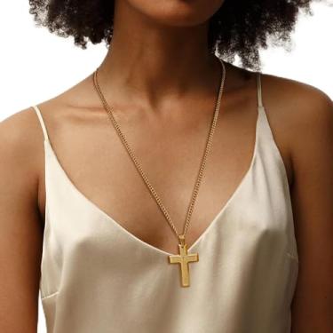 Imagem de Colar com cruz de ouro para homens e mulheres 5 mm corrente de aço inoxidável crucifixo pingente joia 55 cm, 24inches, Aço inoxidável, Sem Pedra Preciosa