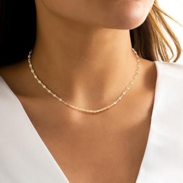 Imagem de Colar de ouro feminino banhado a ouro 14 quilates em camadas de aço inoxidável à prova d'água ouro/prata colar de corrente fina delicada, 35cm+5cm, Aço inoxidável, Sem Pedra Preciosa