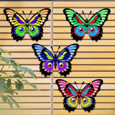 Imagem de 4 peças de decoração de parede com estampa plana de borboleta de ferro - 17,3 x 15 cm, adequada para casa interna e jardim ao ar livre, gramado, cerca, decoração de parede