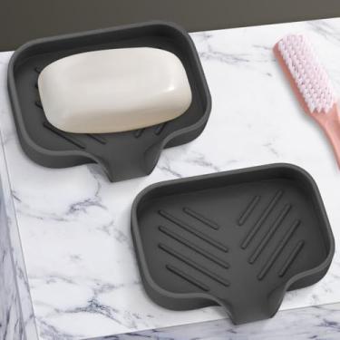 Imagem de 2 PCS Bandeja de sabão de cozinha de silicone, bandeja de pia para balcão de cozinha/garrafas de sabão, suporte de esponja e organizador com bico de drenagem, preto, [Tamanho: 12,7 x 10 cm]