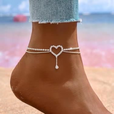 Imagem de Tornozeleira feminina fashion Boho com franja de coração e pé de camada dupla para tênis com cinco pontas