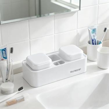 Imagem de Suporte de pasta de dentes montado na parede com 2 xícaras, organizador de banheiro autodrenante, conjunto de armazenamento para parede de chuveiro (branco)