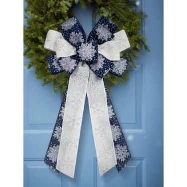 Imagem de Grande laço de Natal para guirlanda, laços de algodão azul e branco para decoração de cerca de parede da porta da frente, guirlanda de neve de Natal, arco de topo de árvore para decoração de festa de