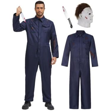 Imagem de RAAIBB Fantasia de assassino de terror para adultos com faca de máscara de sangue, macacão assustador de Halloween para cosplay de adereços de terror, Macacão, máscara e faca Killer Costume, GG