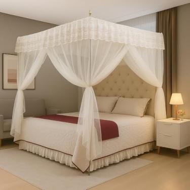 Imagem de Mosquiteiro Palácio Casal/Queen com Armação de Ferro – Luxuoso Estilo Indiano, 3 Aberturas Laterais, Proteção Contra Mosquitos, Decoração Elegante (Branco,Casal)
