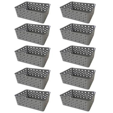 Imagem de Kit 10 Cestos Organizadores Cinza Multiuso Médio Empilhável