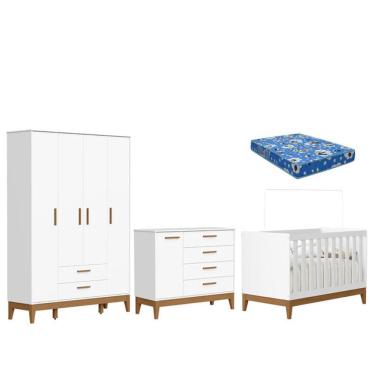 Imagem de Quarto de Bebê Flip Kit com Guarda Roupa 4 Portas Cômoda Sapateira Berço e Colchão MDF 147cm Branco Reller Móveis
