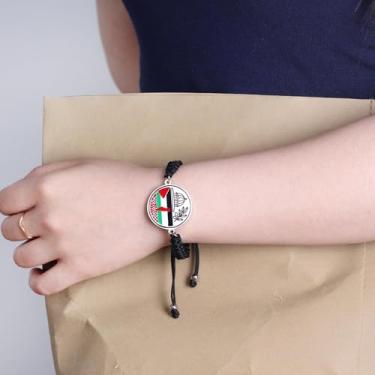 Imagem de Pulseira Dome of the Rock Map Palestine com pingente de folha de oliveira - Joia de bandeira feita à mão em cordão preto YA6015, Adjustable, Aço inoxidável, Sem Pedra Preciosa