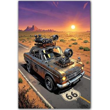 Imagem de Tzstz Rota 66 Impressão de arte de parede em tela do pôr do sol do deserto, arte de parede em tela de carro Steampunk, para decoração de casa (sem moldura de madeira) 19,6 cm x 29,7 cm