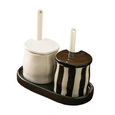 Imagem de KiBcsLic Pote para condimentos com bandeja de suporte, tigela de sal, dispensador de açúcar redondo com tampas e colheres, conjunto de recipientes para, Preto Branco
