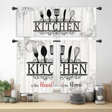 Imagem de Riyidecor Cortinas e sanefas de cozinha rústicas pretas e brancas, conjunto de 3 peças, bolso para varão, 91 cm, citações curtas, engraçadas, fazenda, prancha, faca, colher, vintage, campo, quarto