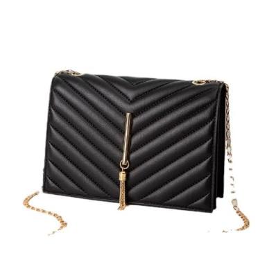 Imagem de Bolsa transversal de ombro simples com alça de corrente de metal e zíper superior com borla, Listra preta