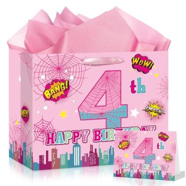Imagem de Bolsa de presente de aniversário de 4 anos de aranha para meninos, grande, rosa, 4 anos, sacolas de feliz aniversário com papel de seda e cartão comemorativo para crianças de 4 anos de idade, desenhos