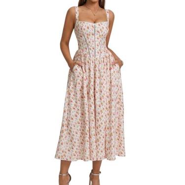 Imagem de Vestido midi KUTUMAI, espartilho floral, fenda fluida com bolsos