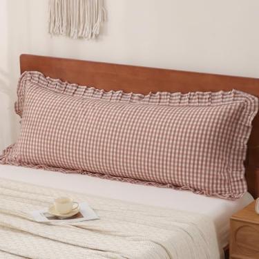 Imagem de YHJWW Capa de travesseiro de corpo com babados rosa caramelo guingão 100% algodão lavado como linho sensação macia e confortável 1 pacote capa de almofada decorativa xadrez xadrez fofa (50 x 137 cm