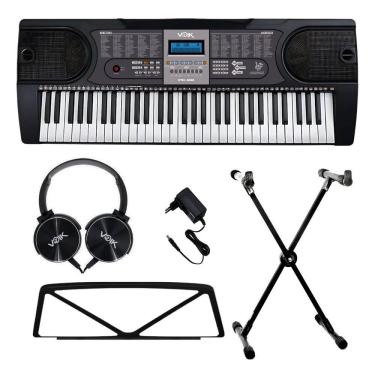 Imagem de Kit Teclado Musical 61 Teclas Voik VTM-3000 Com Suporte em X