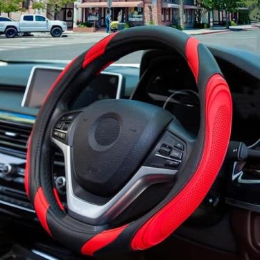 Imagem de Couslcd Capa de volante de carro, couro de 38 cm, respirável, antiderrapante, protetor de volante macio para homens e mulheres, acessórios universais de carro para SUV, caminhão, trailer (vermelho)