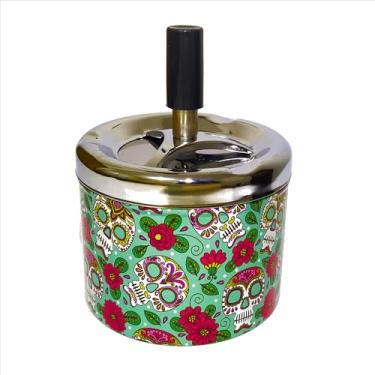 Imagem de Cinzeiro Metal C/Tampa Anti-Cheiro Giratória Redondo À Prova De Vento 9x7,5cm Fechado Automático Estampas Caveiras Mexicanas Premium (Rose Corpse)