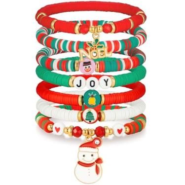 Imagem de jollone Pacote com 5 pulseiras de Natal femininas com contas de argila, decorações de Natal, conjunto de braclets de amizade empilháveis para presentes de Natal, meias surpresa, 7.25inches, Resina