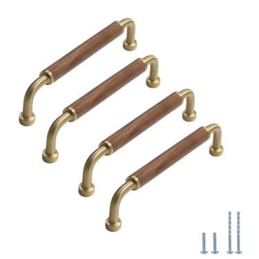 Imagem de Evionlin Cilindro de bronze escovado 8 peças puxador de armário de nogueira de 14 cm retrô de madeira maciça, usado para gavetas de armário de cozinha