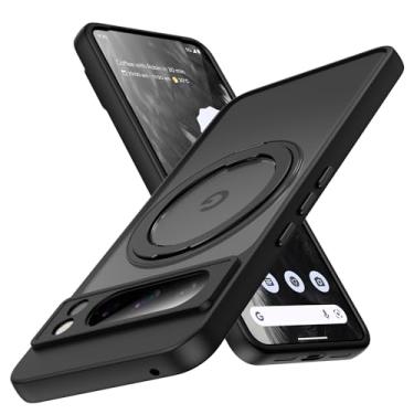 Imagem de CMYFUTNG Capa magnética para Google Pixel 8 Pro com suporte de anel, parte traseira rígida transparente e amortecedor macio, capa protetora fina fina para Pixel 8 Pro preta 12-px8p-04