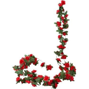 Imagem de Seadiquiet Guirlanda de flores artificiais vermelhas, guirlanda de flores de videira de peônia, plantas de seda penduradas para casamento, flores de videira, cordas para pendurar para casamento, arco