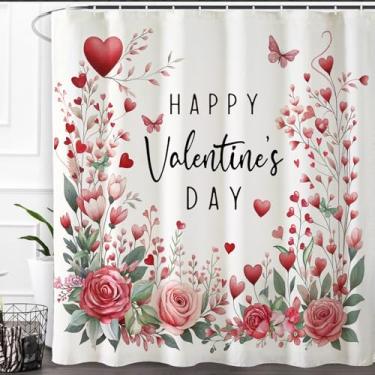 Imagem de Baccessor Cortina de chuveiro feliz dia dos namorados, rosa vermelha floral rosa coração amor cortinas banheiro banheiro decoração de casa tecido de poliéster impermeável pesado com ganchos 182 cm L x