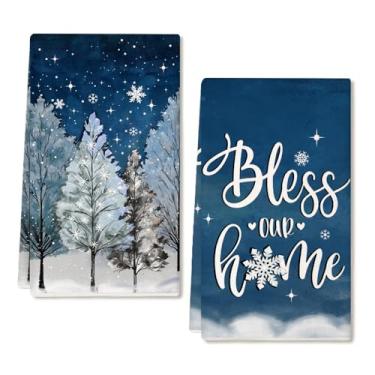 Imagem de ARKENY Conjunto de 2 toalhas de cozinha de inverno Blue Tree, floco de neve, 45 x 66 cm, pano de prato de secagem para casa de fazenda, decoração sazonal diária AD408