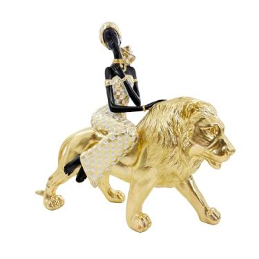 Imagem de Dwelloria Estátua de Leão Dourado de Mulher Africana Montando – Estatueta de Resina, Escultura Cultural Tribal, Peça Central de Decoração Africana para Casa ou Escritório