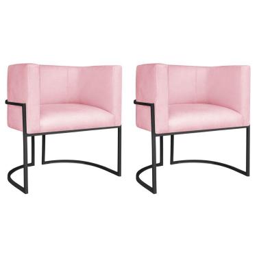 Imagem de Kit 02 Poltronas Decorativas Luna Base De Ferro Preto Suede Rosa Bebê